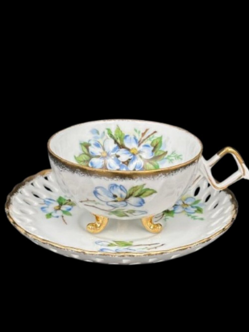 Vintage Japan Cherry China Art Deco Blue Floral Gold Trim Footed Teacup Saucer